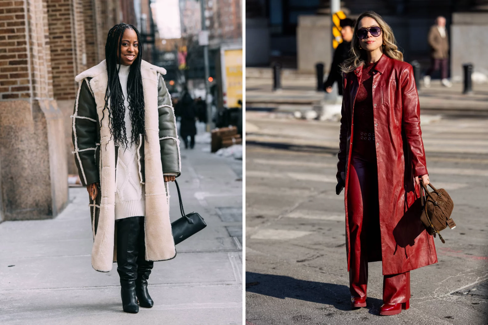 A two-up of Popsugar editors wearing different street style outfits.