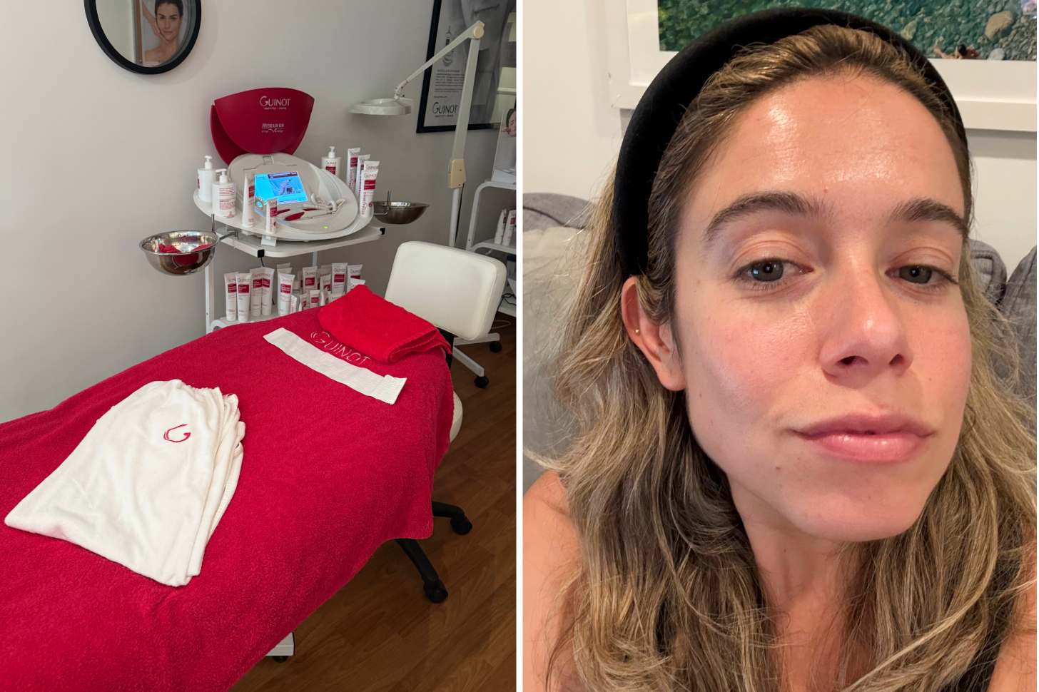 A Guinot Facial Table Next to a Photo of Shopping Director Sarah Wasilak's Skin
