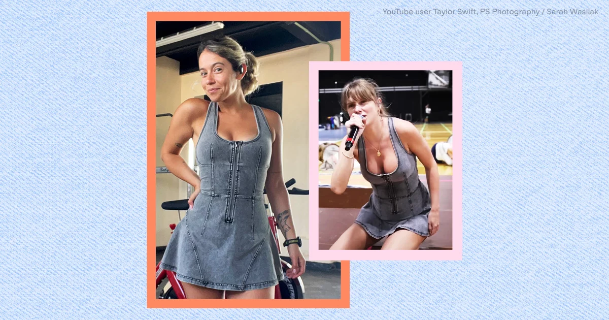 PS shopping director Sarah Wasilak and Taylor Swift wearing Wiskii denim workout dress