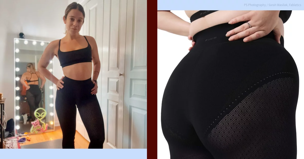 PS Shopping Director Sarah Wasilak Wears the Fabletics 360Luxe Sheer Fishnet Leggings Alongside Product Image