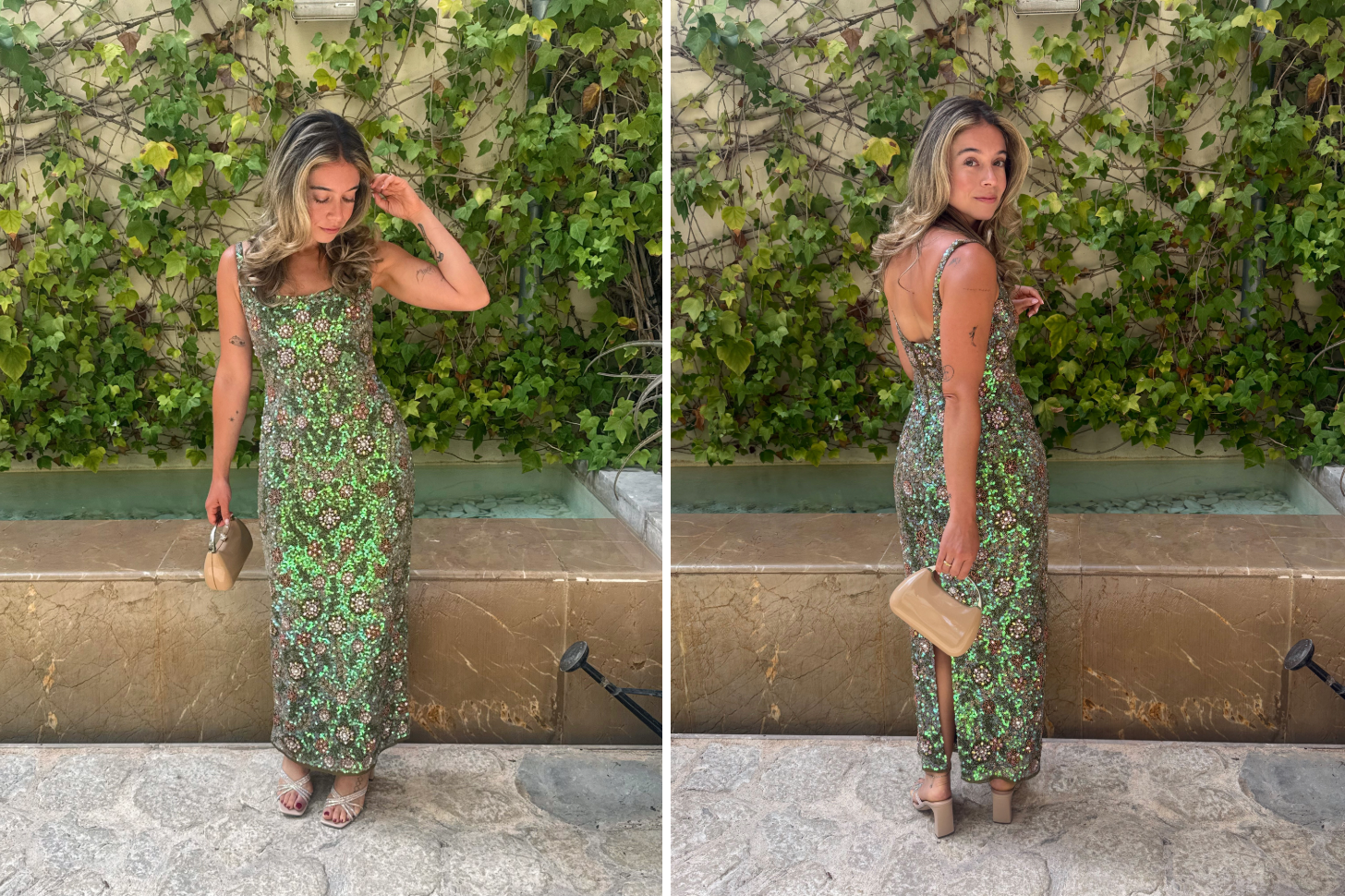 A 2-Up of Sarah Wasilak Wearing a Mac Duggal Sequin Floral Dress
