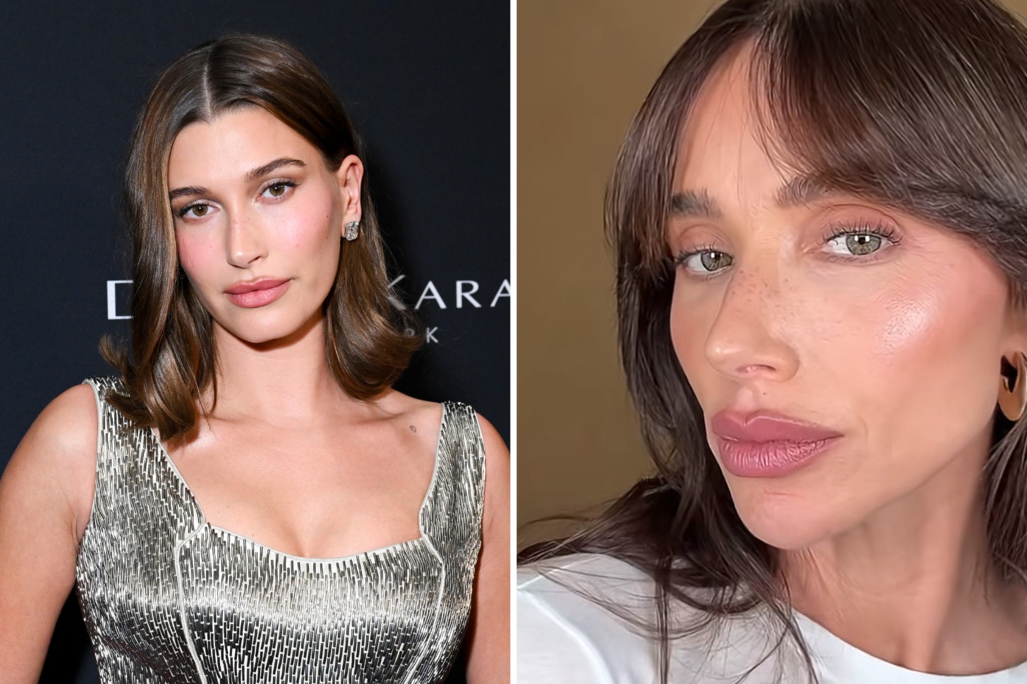 A side by side picture of Hailey Bieber and her makeup artist Mary Phillips. 