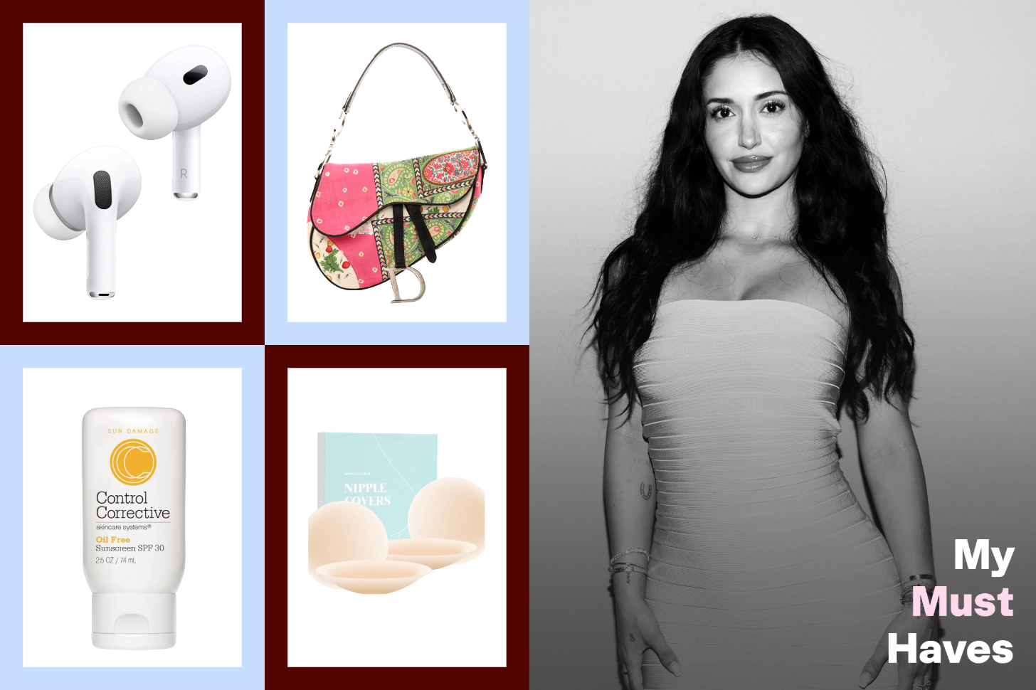 Product shots of Apple AirPods, a Dior bag, Revision sunscreen, and nipple covers, alongside an image of Leah Kateb 