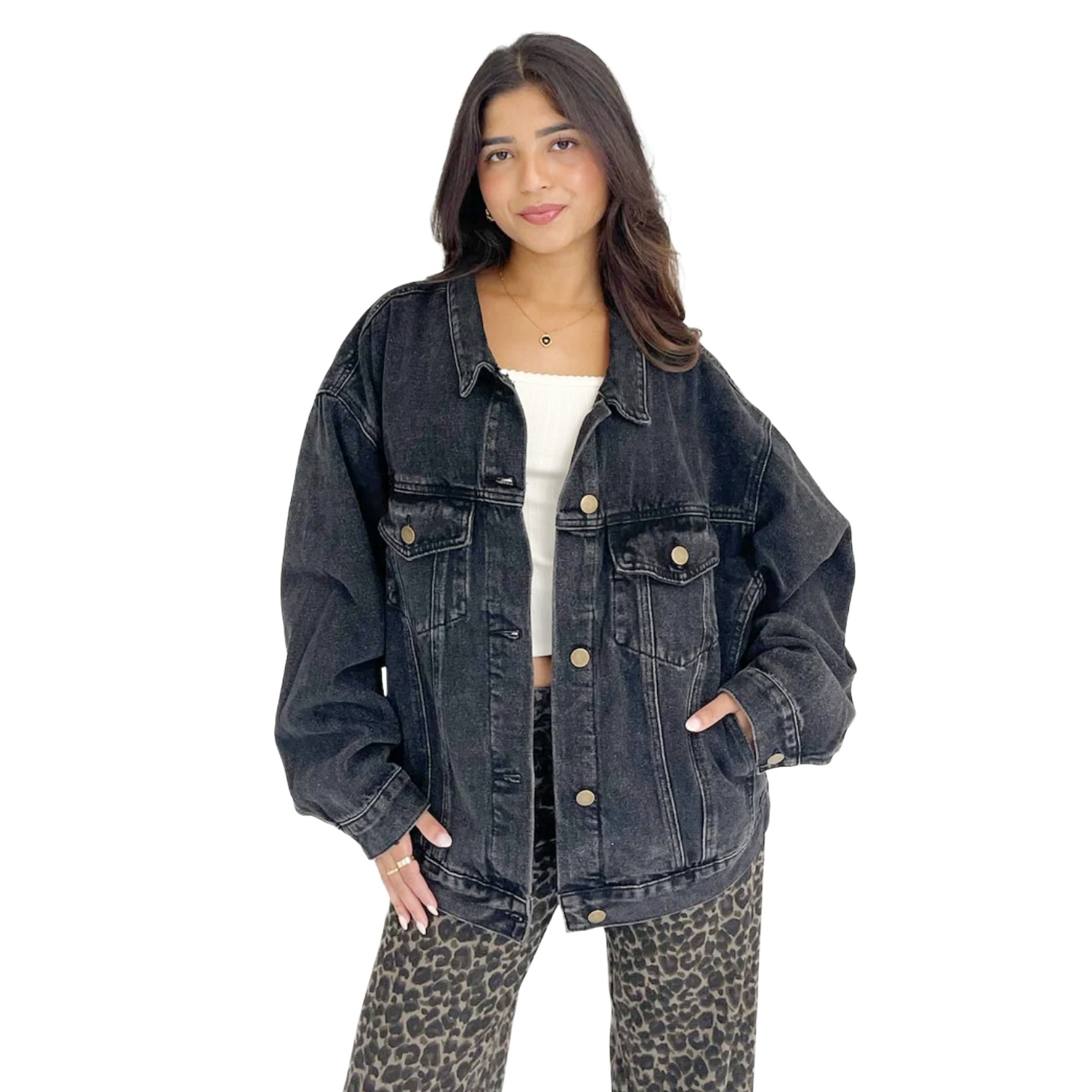 Model wearing a black denim jacket.