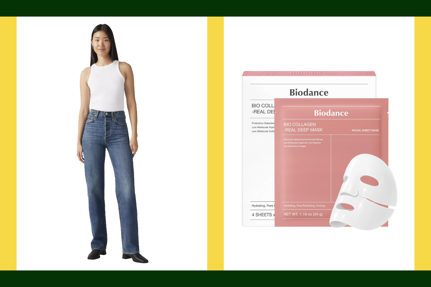 Levi's Ribcage Jeans on a Model and Biodance Collagen Mask Product Picture