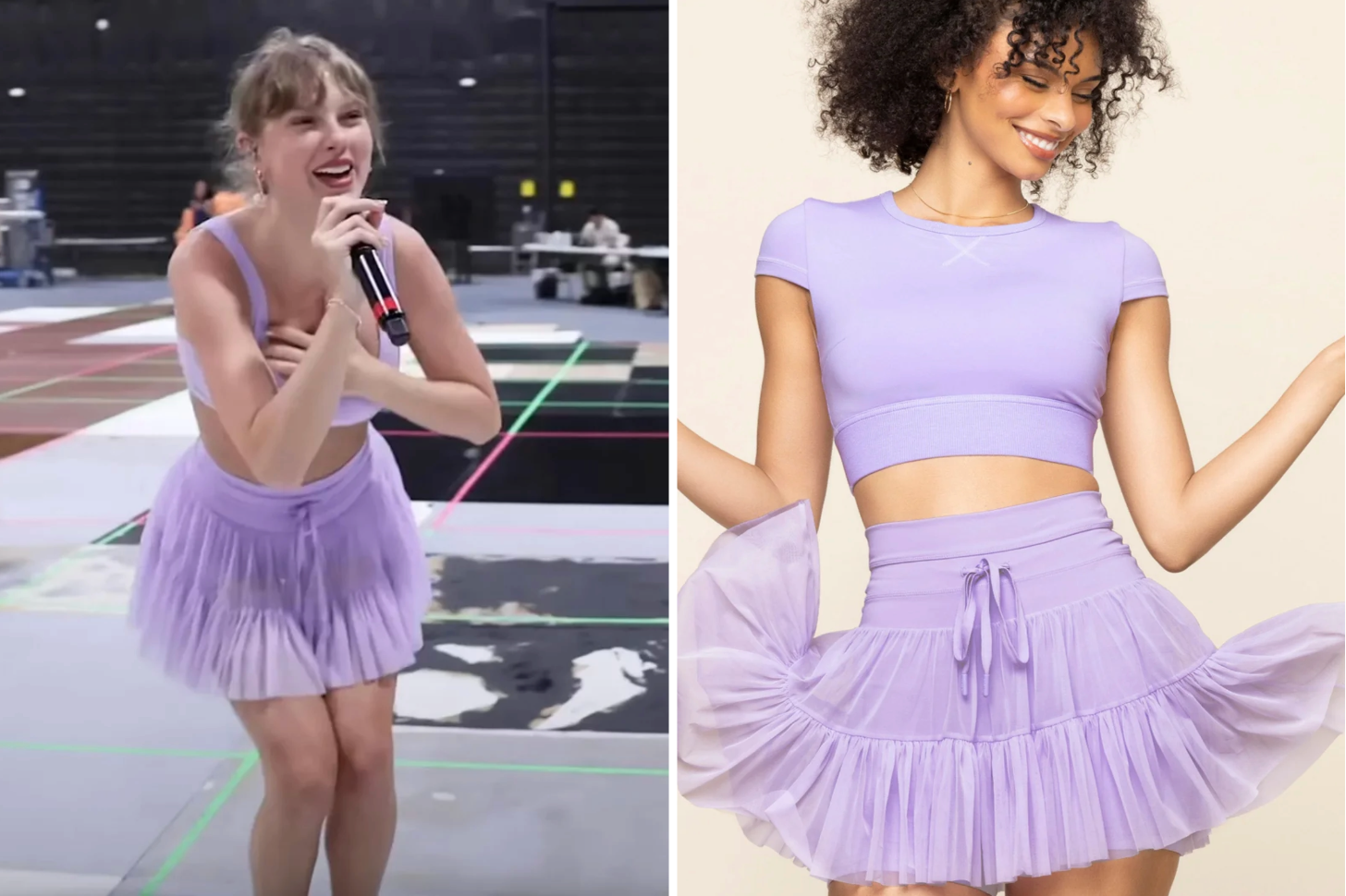 Taylor Swift Wearing Popflex Purple Pirouette Skort Next to On-Model Image of the Same Skort