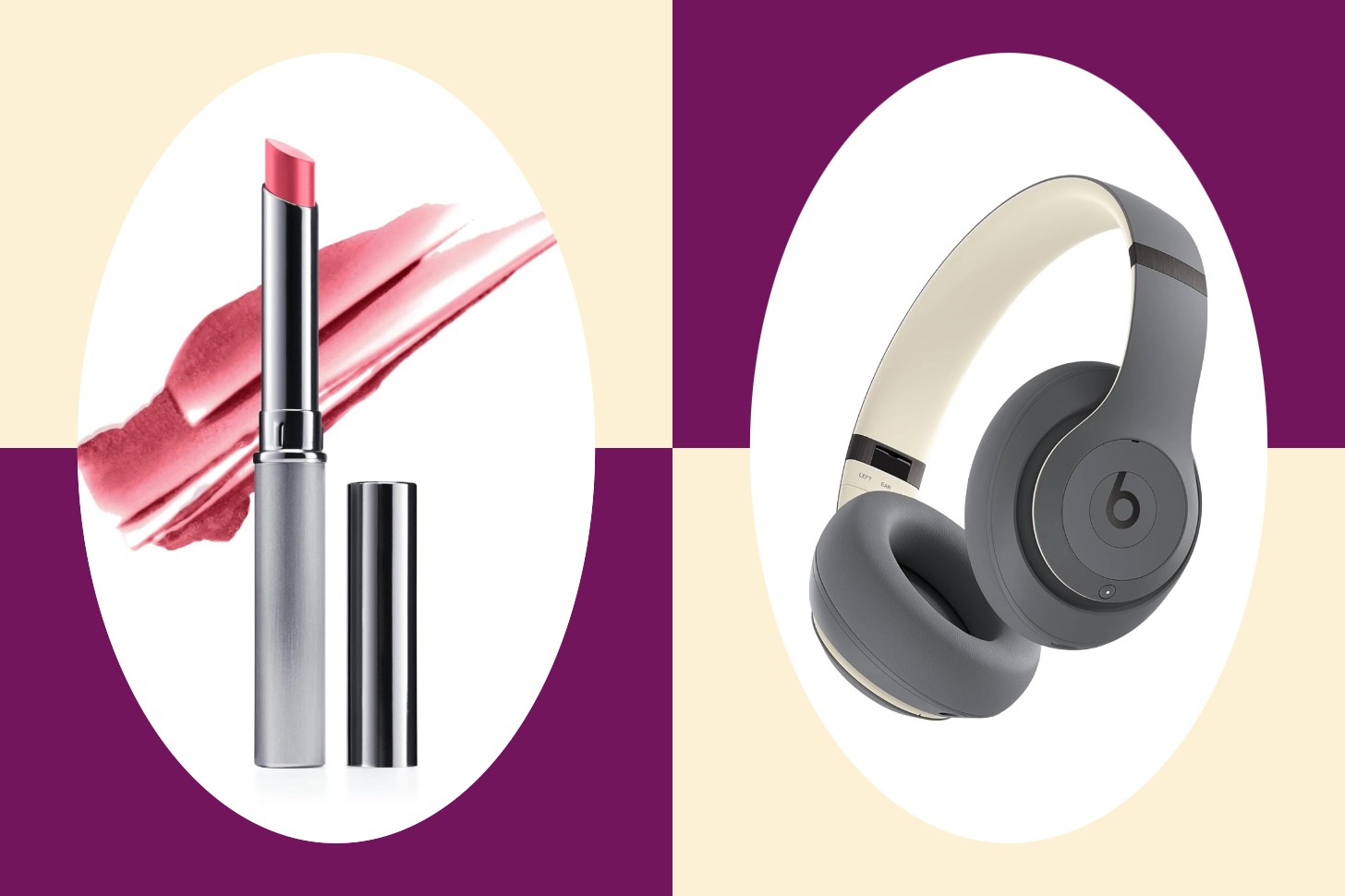 A two-up graphic of lipstick and a gold ring.