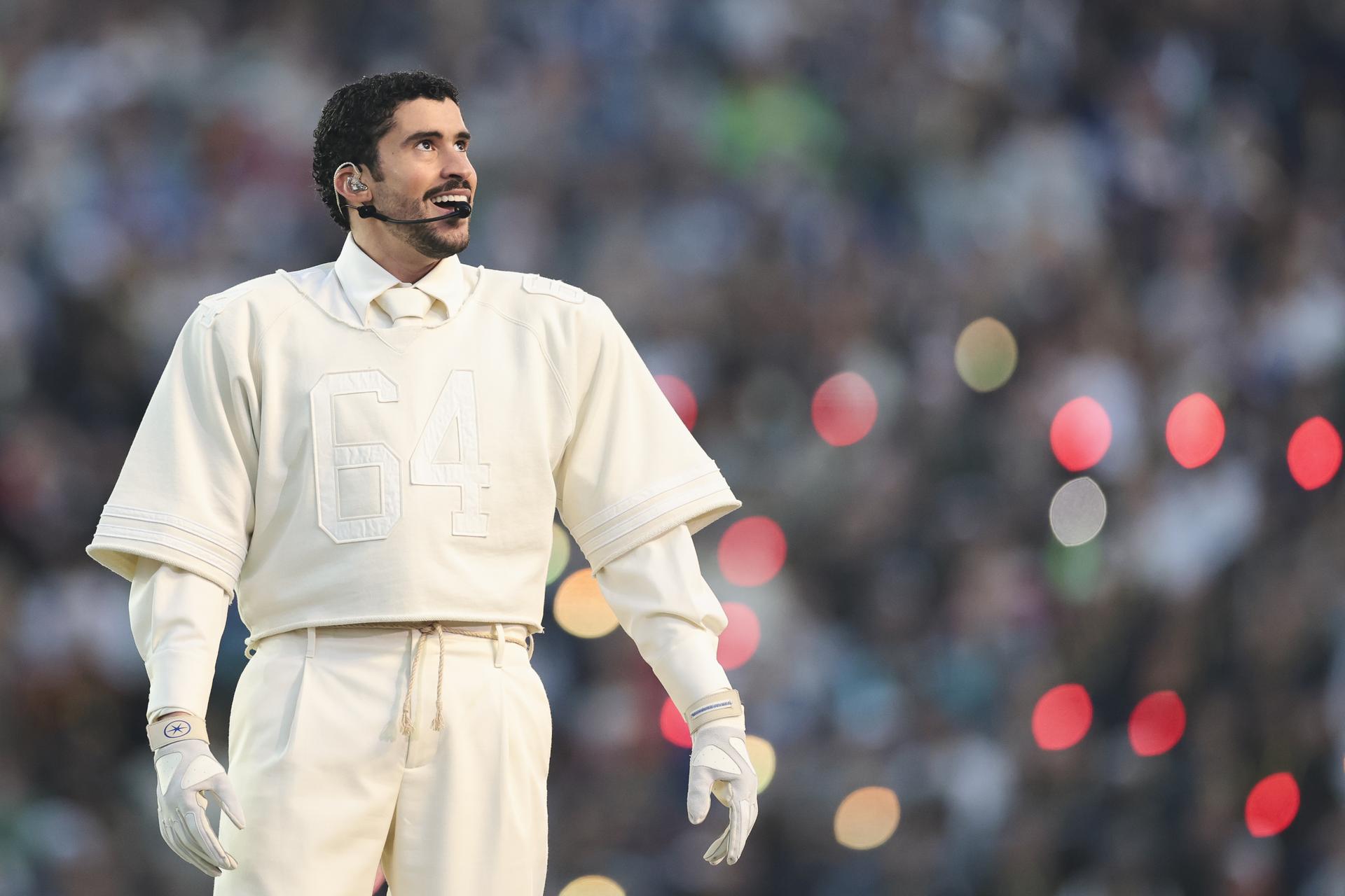 Bad Bunny on stage at Super Bowl LX.