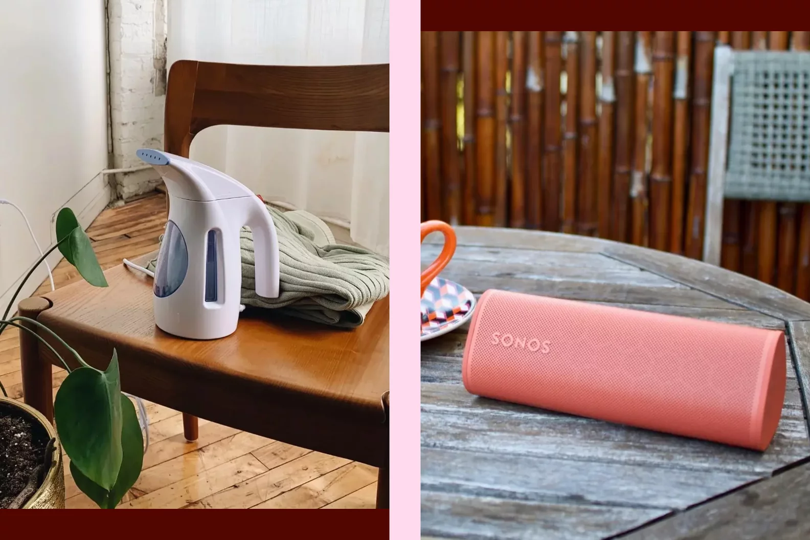 A Product Photo of a Steamer Next to a Photo of a Sonos Portable Speaker