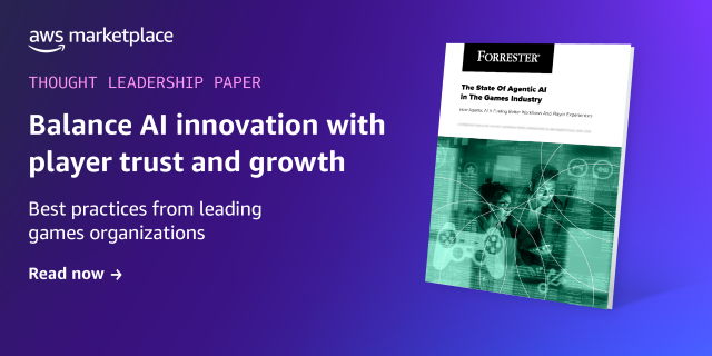 AWS Marketplace thought leadership banner promoting a Forrester paper on balancing AI innovation with player trust and growth in gaming organizations. AWS Marketplace thought leadership banner promoting a Forrester paper on balancing AI innovation with player trust and growth in gaming organizations.
