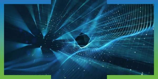 Abstract blue digital network visualization featuring flowing waves of illuminated grid lines, glowing data points, and intersecting light beams.