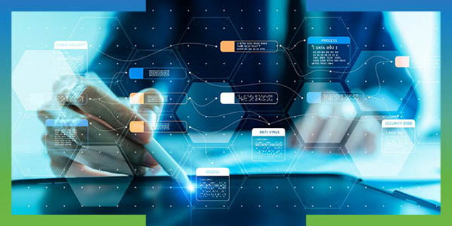 Hand using a tablet beneath a futuristic digital interface with glowing blue hexagons, interconnected data nodes, and floating technology panels.