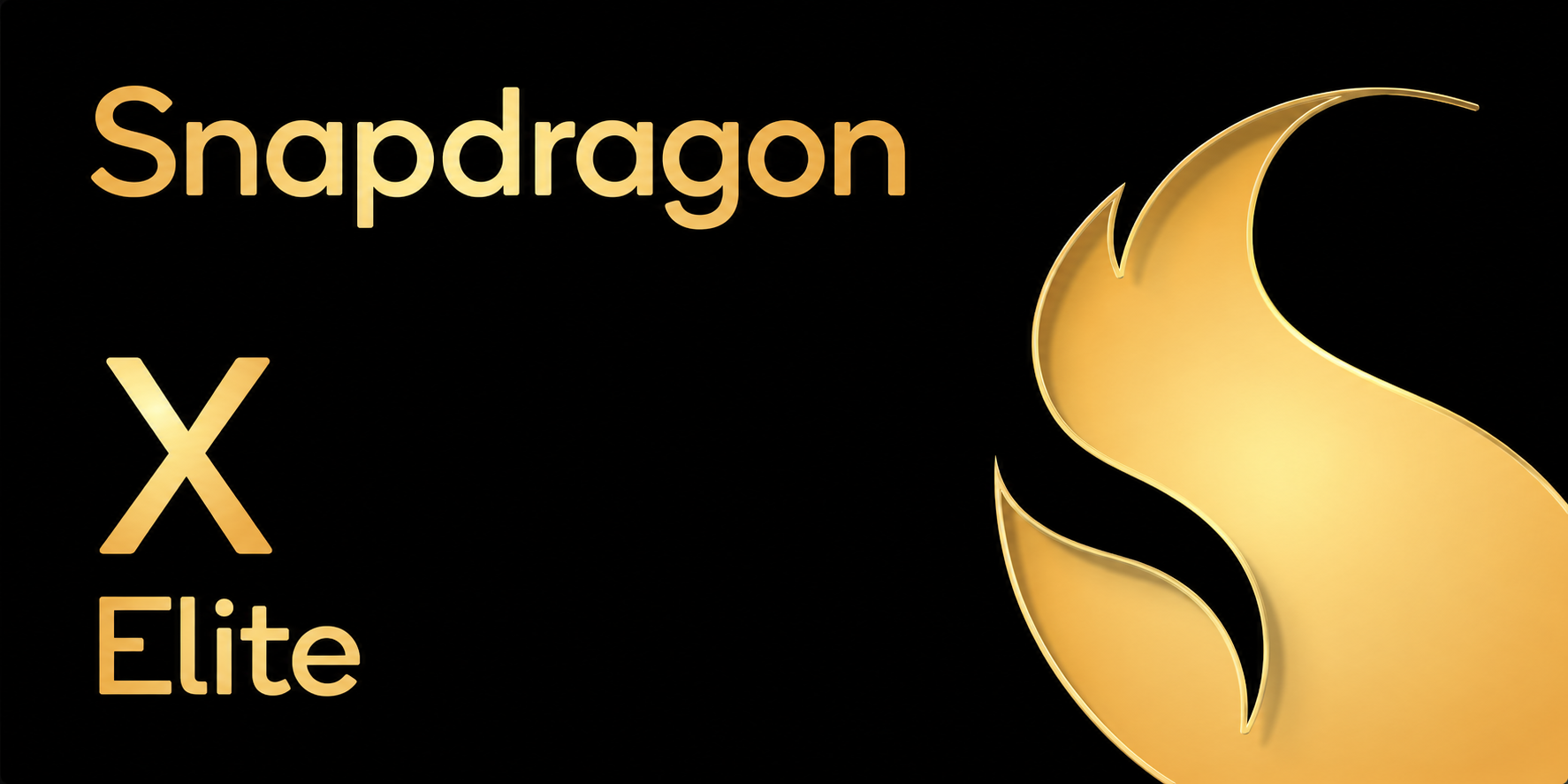 Gold Snapdragon X Elite logo with a stylized gold flame on a black background.