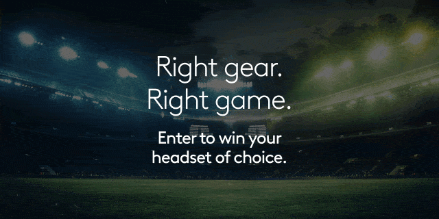 Logitech headset giveaway banner over a soccer stadium with the text, 'Right gear. Right game,' which then switches to a 'Pick your style' image with various headphone sets.