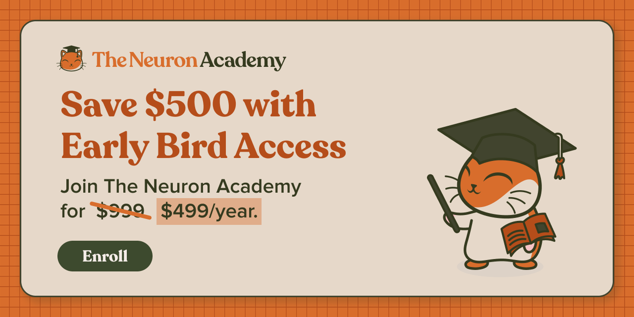 The Neuron Academy early bird ad offering $500 off annual enrollment with a cartoon graduate cat and Enroll button.