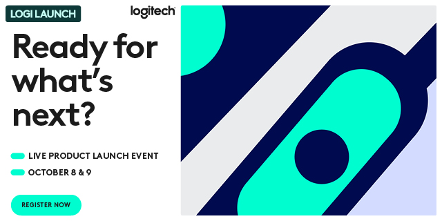 Logitech Logi Launch banner for 'Ready for what's next?' promoting a live product launch event Oct. 8–9 with a 'Register now' button.