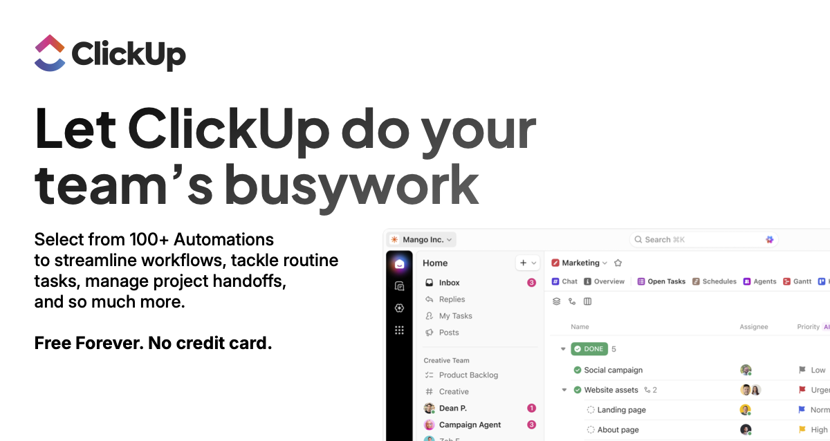 ClickUp ad promoting 100+ automations to streamline workflows, showing the ClickUp logo, 'Let ClickUp do your team's busywork,' and a project dashboard.