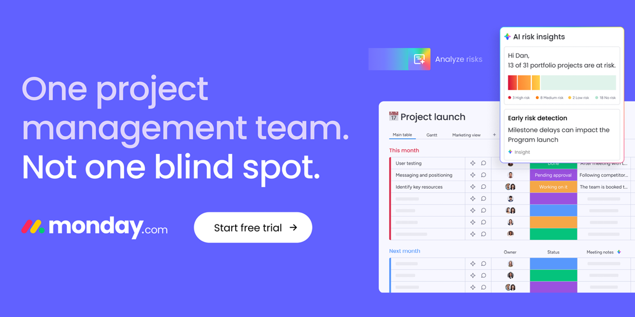 monday.com ad promoting project management with AI risk insights, a project launch dashboard, and a Start free trial button.