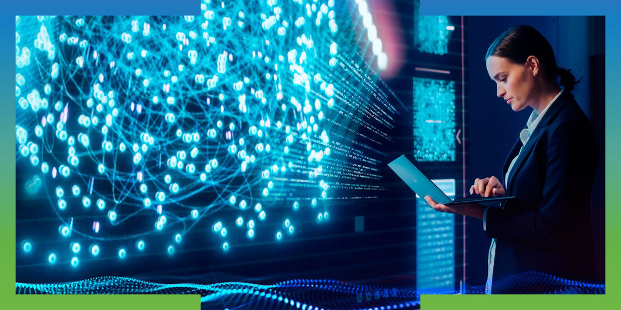 Businesswoman using a laptop beside glowing AI network data visualizations in a blue and green tech-themed graphic.