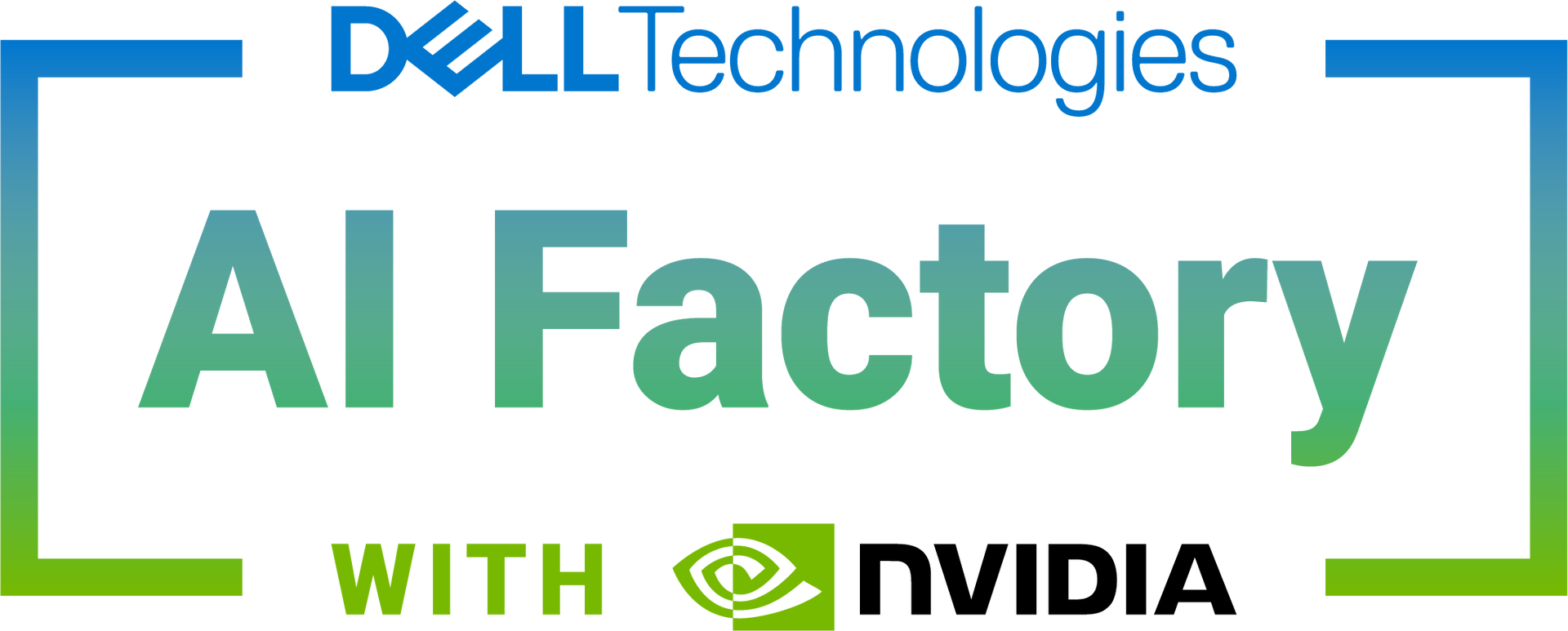 Dell Technologies AI Factory with NVIDIA logo featuring blue-to-green gradient lettering, NVIDIA's green eye symbol, and matching brackets on a transparent background.