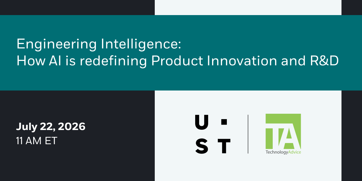 UST and TechnologyAdvice webinar banner about AI redefining product innovation and R&D, scheduled for July 22, 2026.