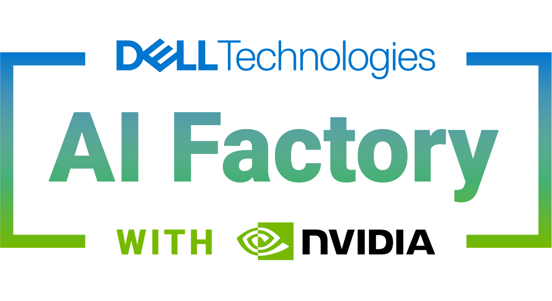 Dell Technologies AI Factory with NVIDIA logo featuring blue-to-green gradient text and brackets on a transparent background.