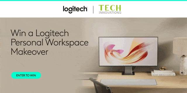Logitech and Tech Innovations giveaway banner for a personal workspace makeover, with desk setup and an 'Enter to Win' button.