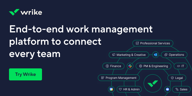 Wrike ad promoting an end-to-end work management platform that connects every team, with icons for departments and workplace apps.