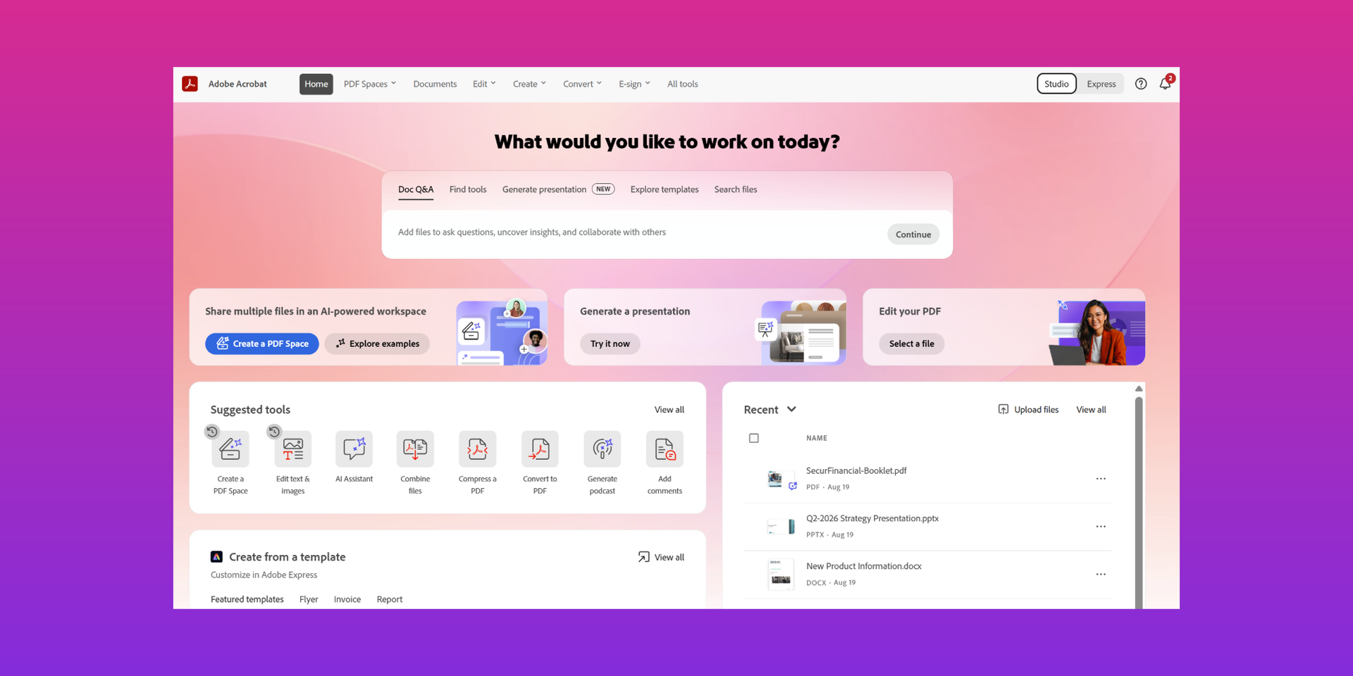 Adobe Acrobat home screen showing Doc Q&A, PDF Spaces, presentation generation, editing tools, recent files, and templates on a pink gradient interface.