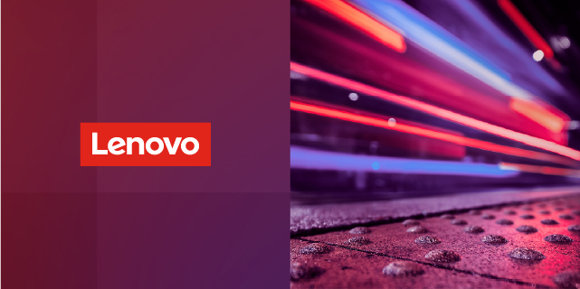 Lenovo logo on a red rectangle beside a futuristic industrial scene with glowing red, pink, and blue light streaks.