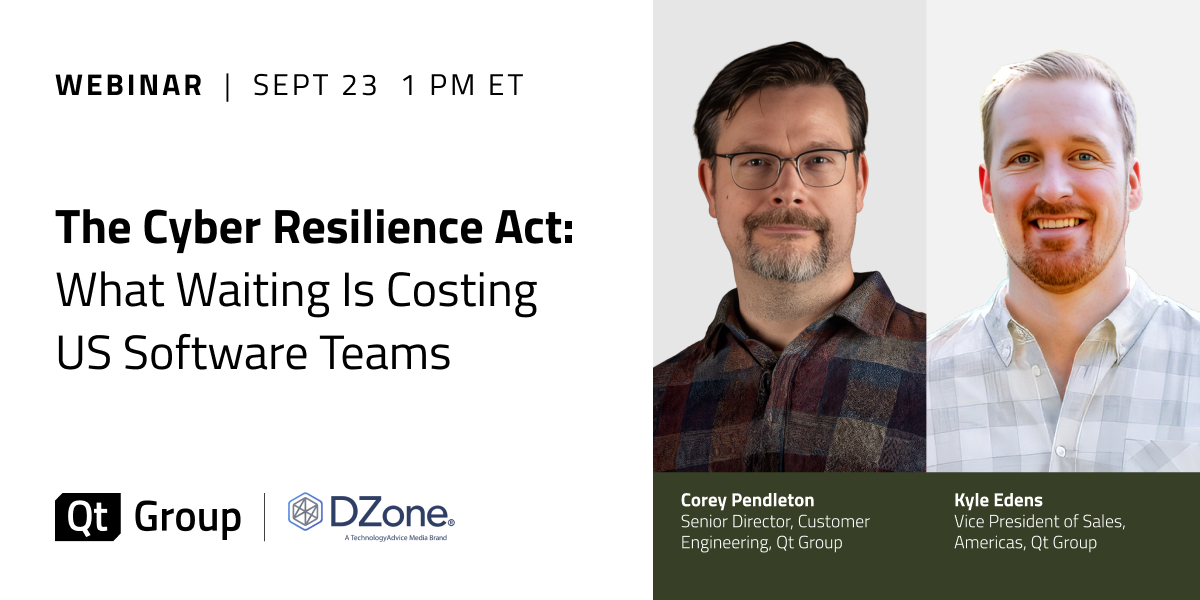 Webinar banner for 'The Cyber Resilience Act,' featuring Qt Group speakers Corey Pendleton and Kyle Edens, Sept. 23 at 1 p.m. ET.