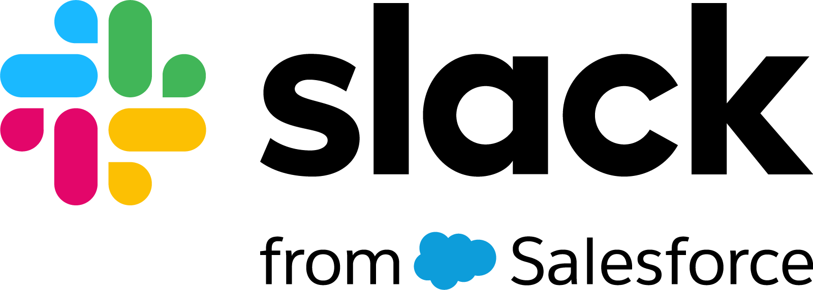Slack logo with its multicolored hash symbol and black wordmark, accompanied by the blue Salesforce cloud logo and 'from Salesforce' text.