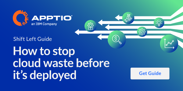 Apptio Shift Left Guide banner with cloud cost icons and the headline, 'How to stop cloud waste before it's deployed.'