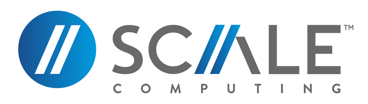 Scale Computing logo with blue circular icon, gray wordmark, and stylized blue slashes on a transparent background.