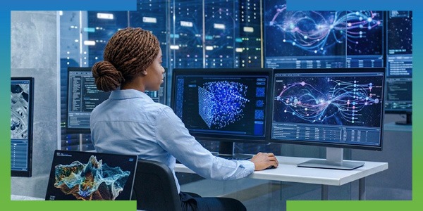 Professional monitoring data visualizations across multiple screens in a server room, framed by blue and green design accents.