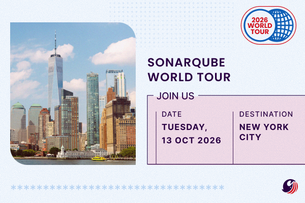 SonarQube World Tour banner featuring the New York City skyline and event details for Oct. 13, 2026, in New York City.