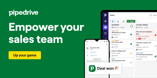 Pipedrive ad encouraging teams to empower sales, with a CRM dashboard, mobile deal screen, and 'Deal won' notification. Pipedrive ad encouraging teams to empower sales, with a CRM dashboard, mobile deal screen, and 'Deal won' notification.