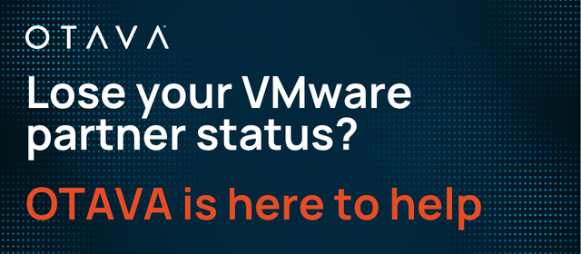 OTAVA ad asking, 'Lose your VMware partner status?' and saying OTAVA is here to help.