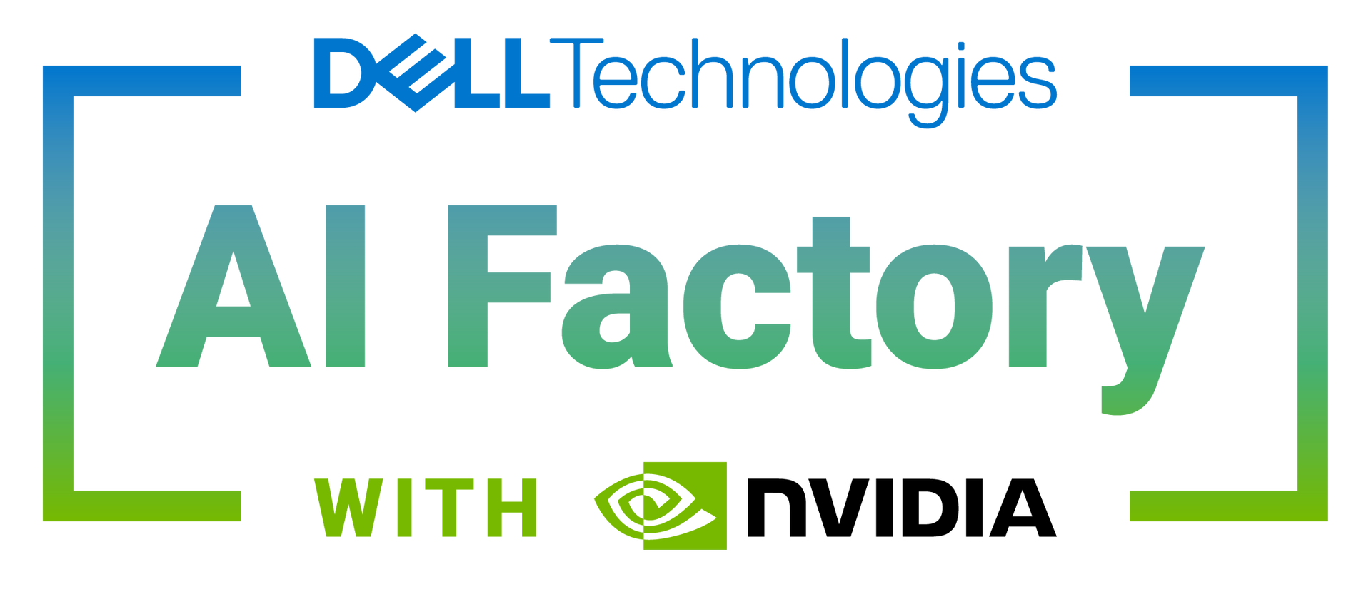 Dell Technologies AI Factory with NVIDIA logo in blue and green text, framed by matching corner brackets.