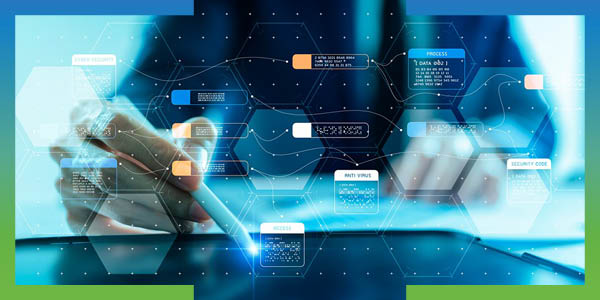 Hand using a tablet beneath a futuristic digital interface with glowing blue hexagons, interconnected data nodes, and floating technology panels.
