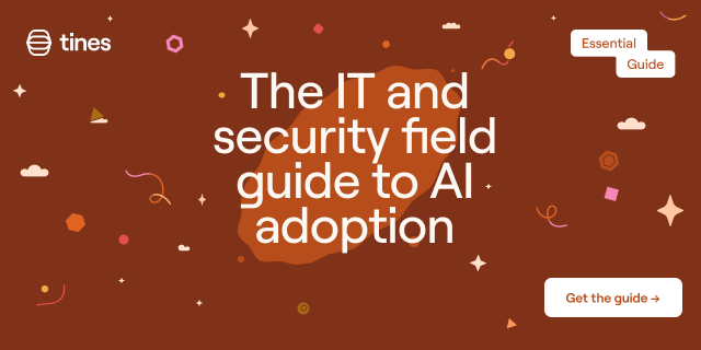 Brown graphic promoting an Essential Guide from Times titled 'The IT and security field guide to AI adoption,' with a 'Get the guide' button.