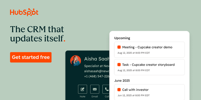 HubSpot ad promoting 'The CRM that updates itself,' with a 'Get started free' button, contact card, and upcoming tasks panel. HubSpot ad promoting 'The CRM that updates itself,' with a 'Get started free' button, contact card, and upcoming tasks panel.
