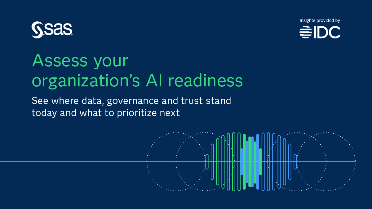 SAS and IDC banner promoting an AI readiness assessment focused on data, governance, trust, and organizational priorities.