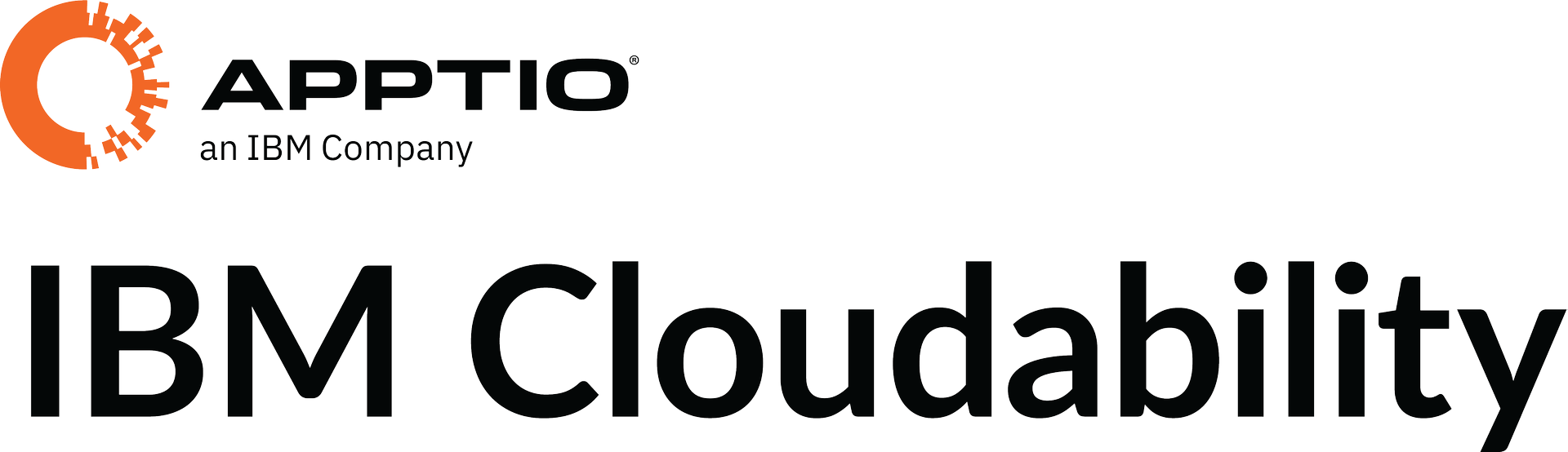 Apptio, an IBM Company, logo above large IBM Cloudability wordmark in black text.