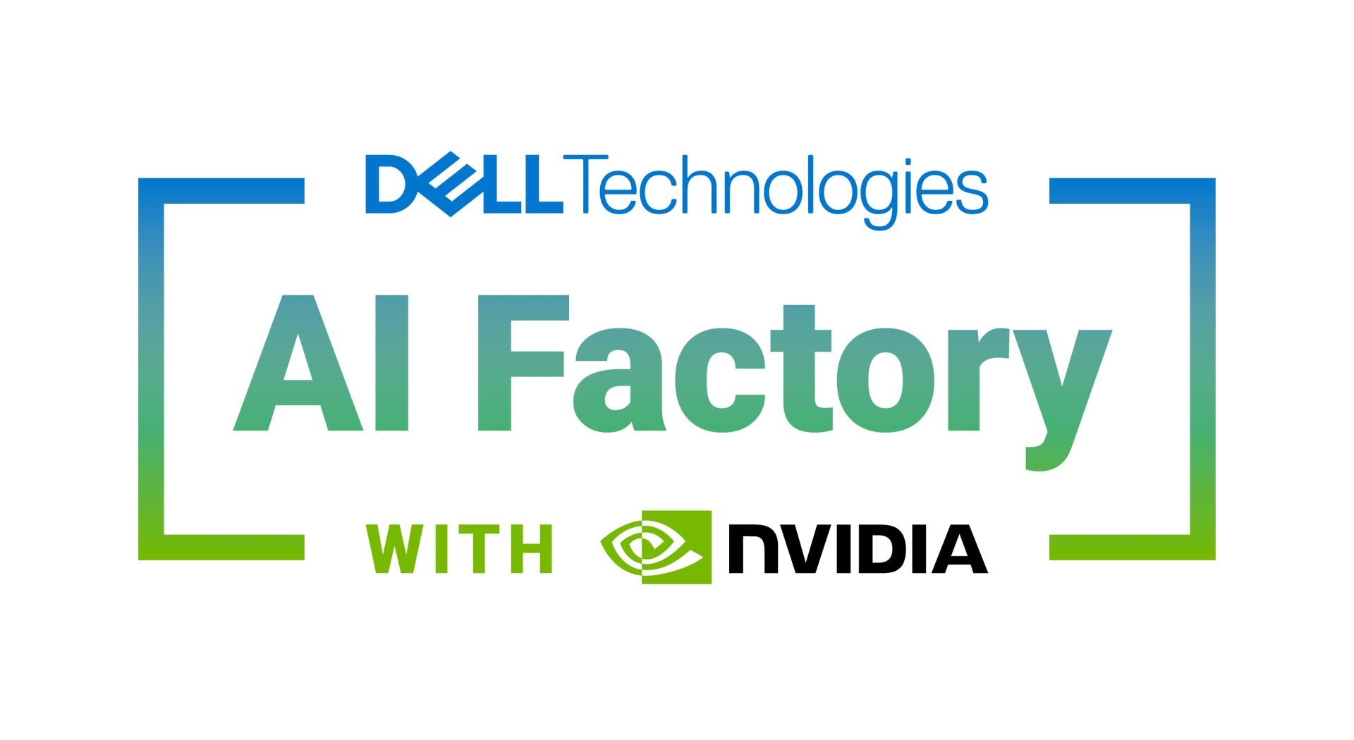 Dell Technologies AI Factory with Nvidia logo lockup in a blue-to-green gradient on a black background.