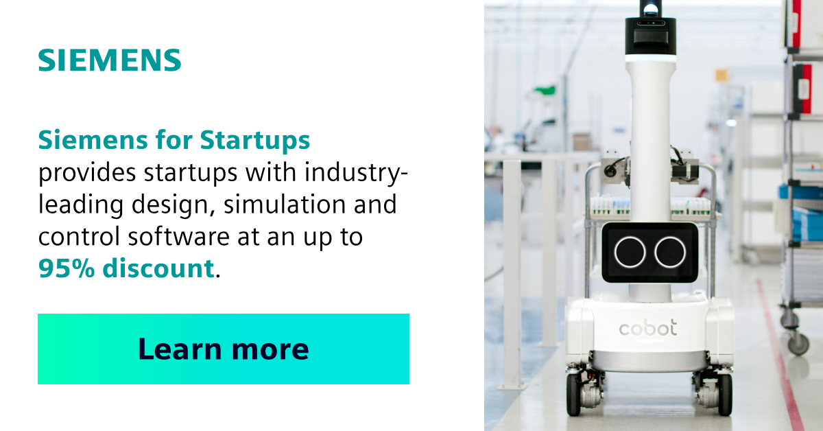 Siemens for Startups ad offering up to 95% off design, simulation, and control software, with a robot in a lab.