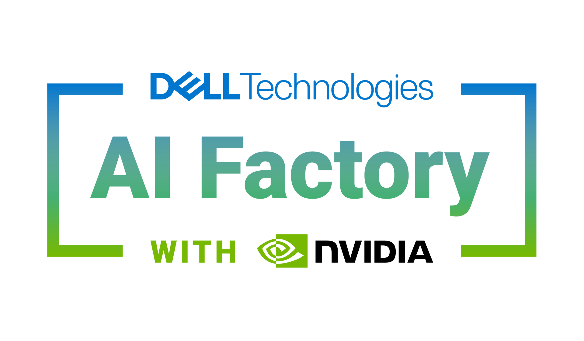 Dell Technologies AI Factory with NVIDIA logo on a black background, framed by blue-to-green corner brackets.
