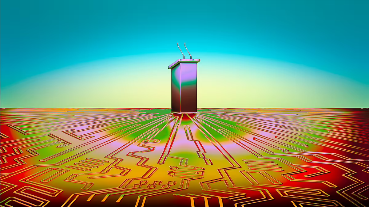Podium standing on a patterned surface resembling circuit board lines, with a teal and orange gradient background.