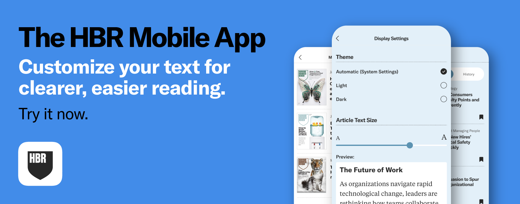 The HBR Mobile App on a blue background, with texts 