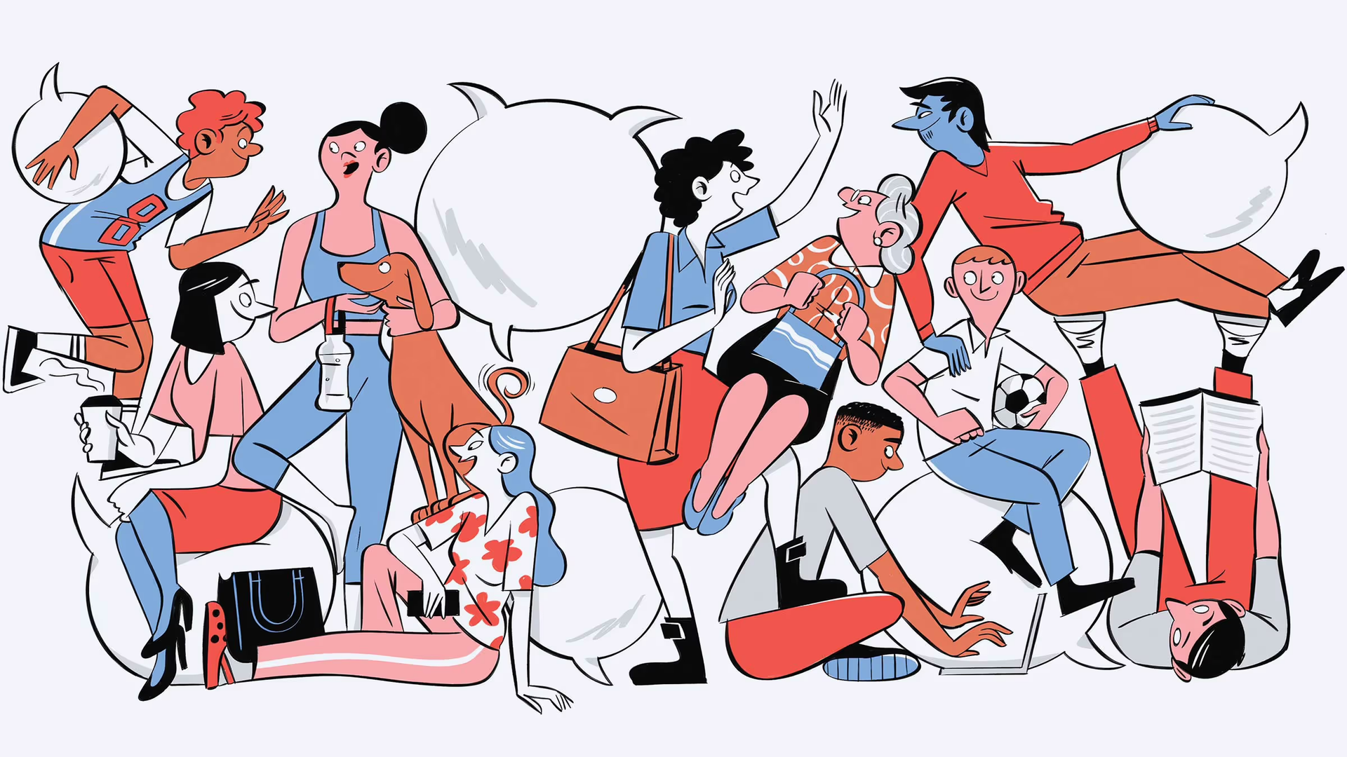 Illustration of a diverse group of people gathered around oversized speech bubbles, talking, working, and interacting.